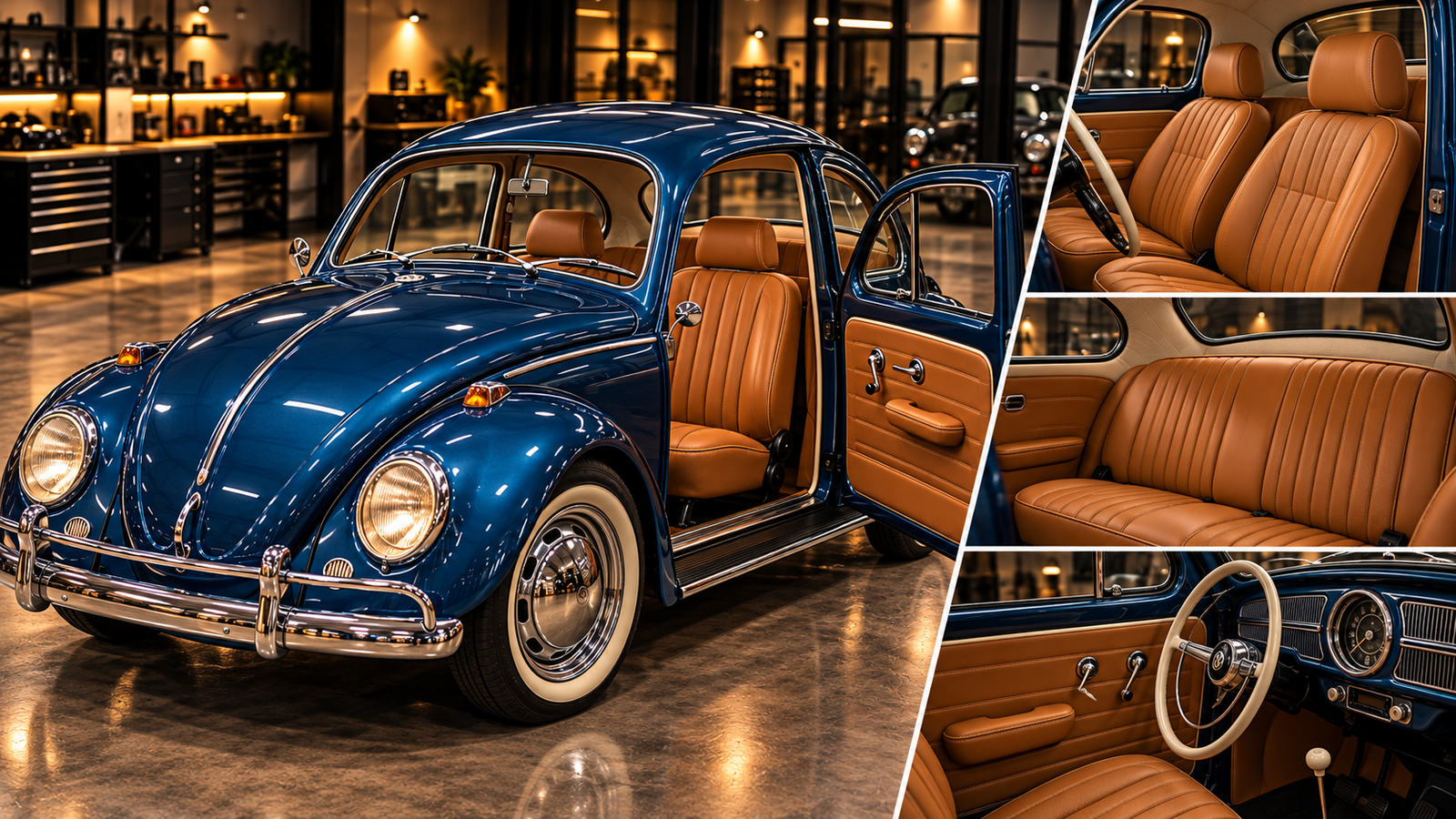 Fusca azul e detalhes do interior fornecidos para apresentação.